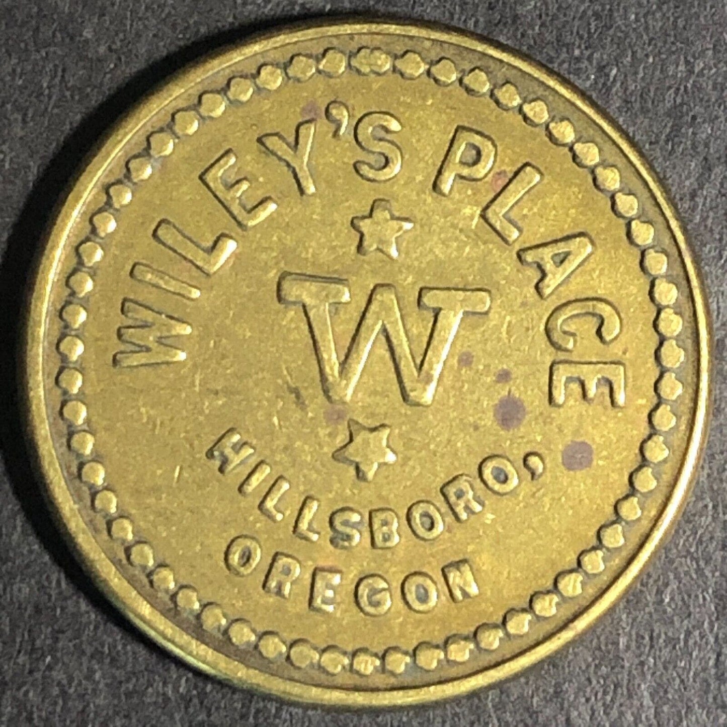 Wiley's Place Hillsboro Oregon G/F 5c Brass Trade Token "W" 22mm