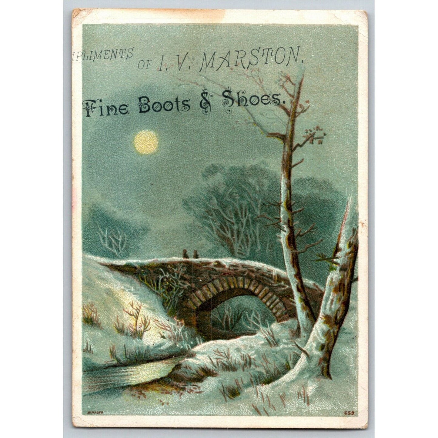 Victorian Trade Card I. V. Marston Boots (Washington St Boston) Stone Bridge