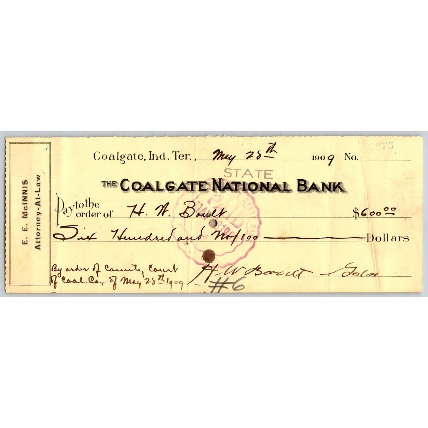 Coalgate, OK 1909 Indian Territory* E.E. McInnis Attorney Bank Check - Scarce