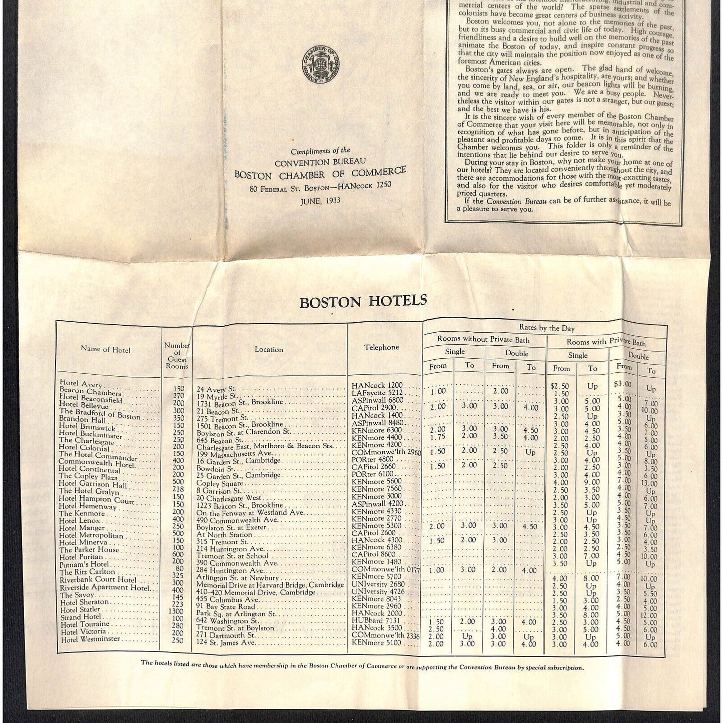 Where to Stay in Boston Convention Bureau Street Map 1933 Chicago World's Fair*