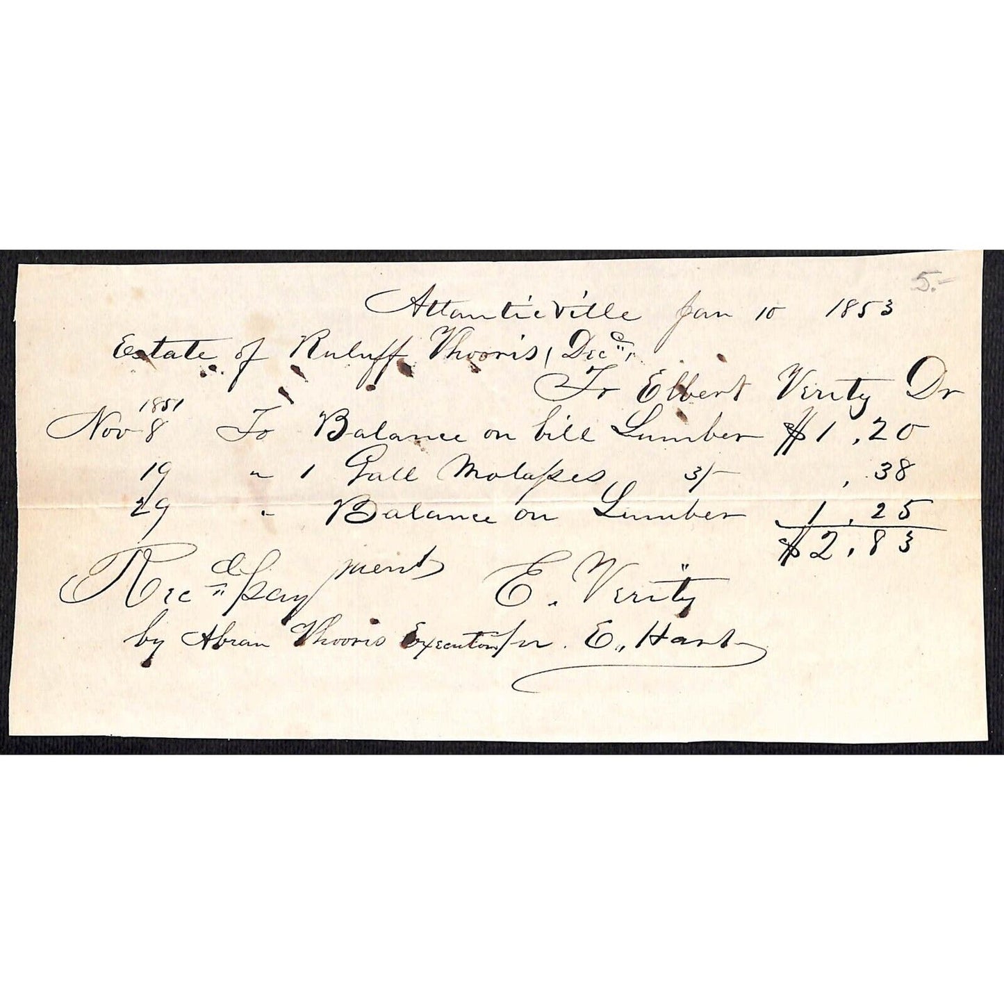 1853 Atlanticville, NY (East Quogue) Hand Written lumber Receipt - Very Scarce