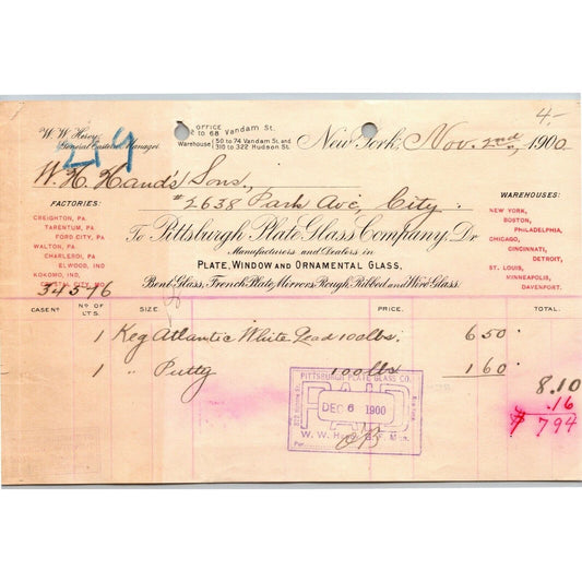 1900 NY, NY Letterhead Pittsburg Plate Glass Co. Window Ornamental White Lead