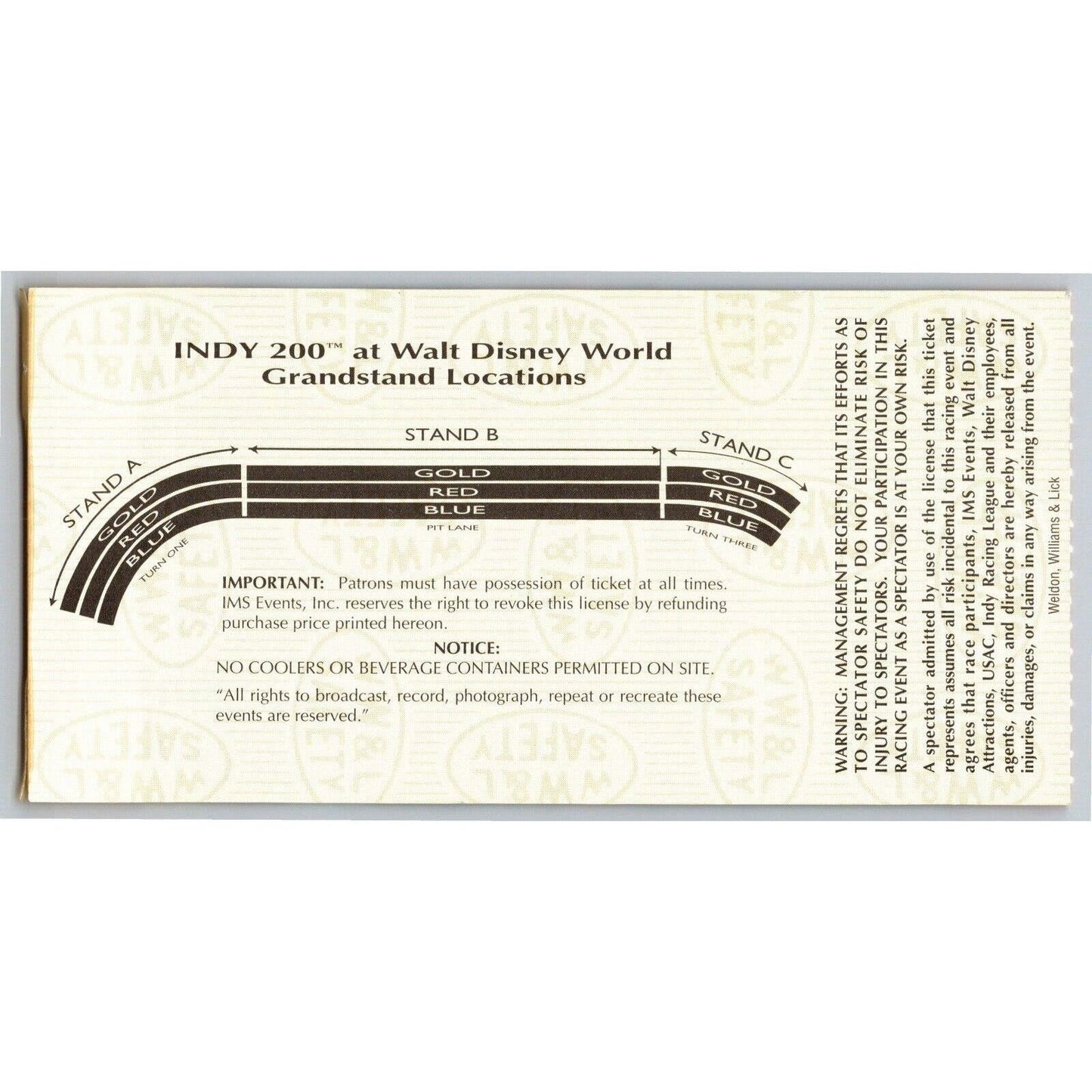 1996 Indy 200 Walt Disney World Ticket Stub - Inaugural Race - Seat 10