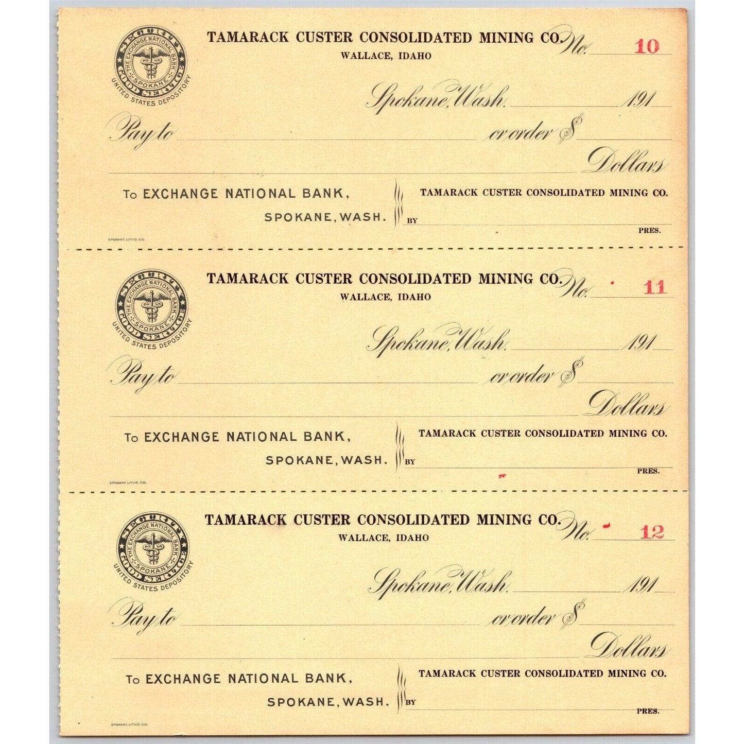 Wallace ID Spokane, WA Tamarack Custer Con. Mining Co. Bank Check Sheet 1910