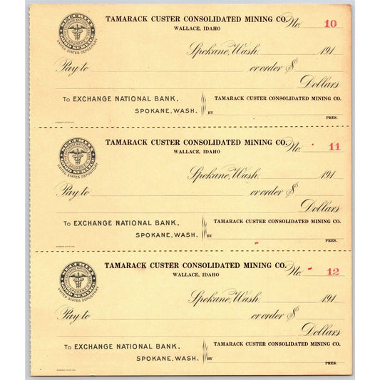 Wallace ID Spokane, WA Tamarack Custer Con. Mining Co. Bank Check Sheet 1910