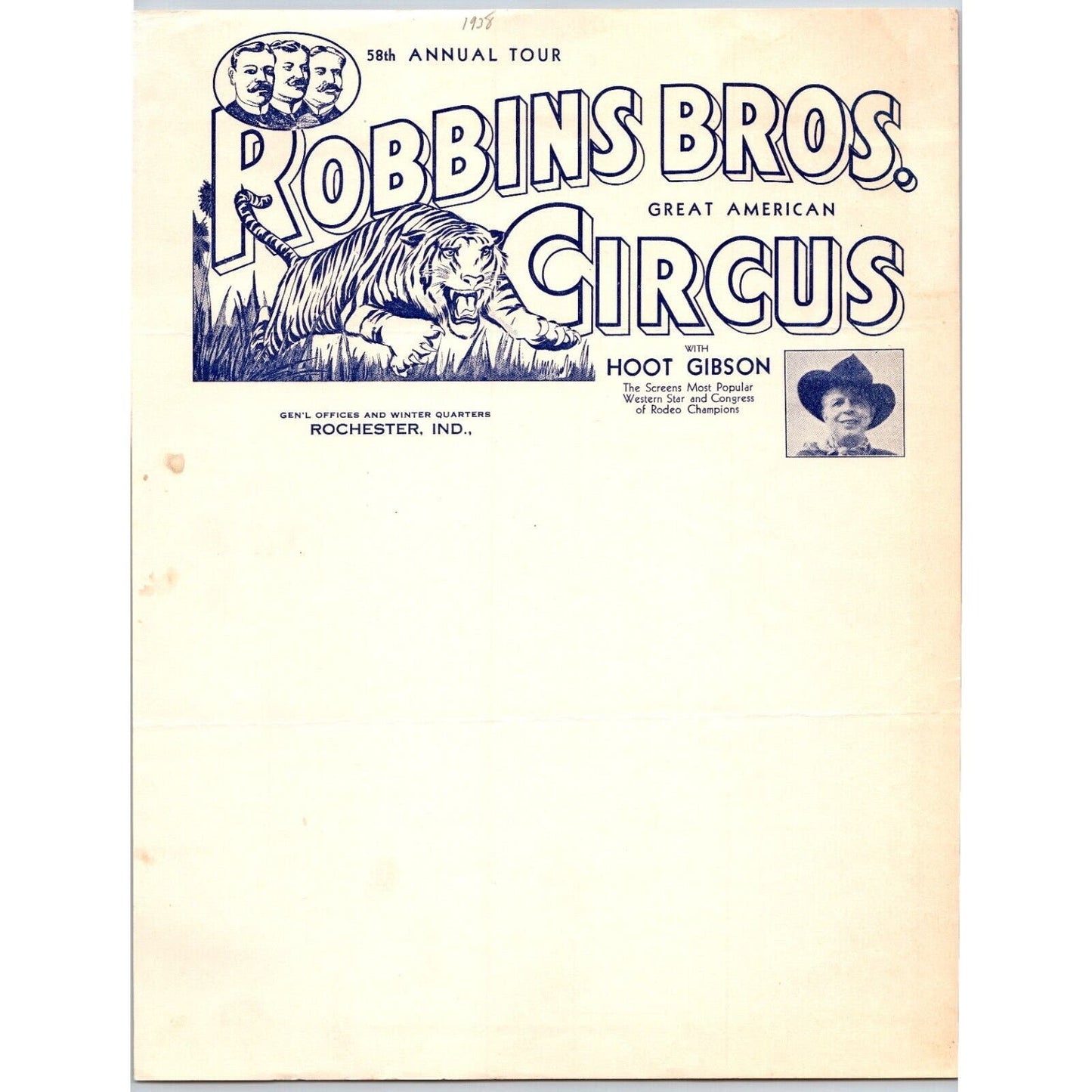 Robbins Bros. Great American Circus Letterhead c1938 Hoot Gibson Scarce