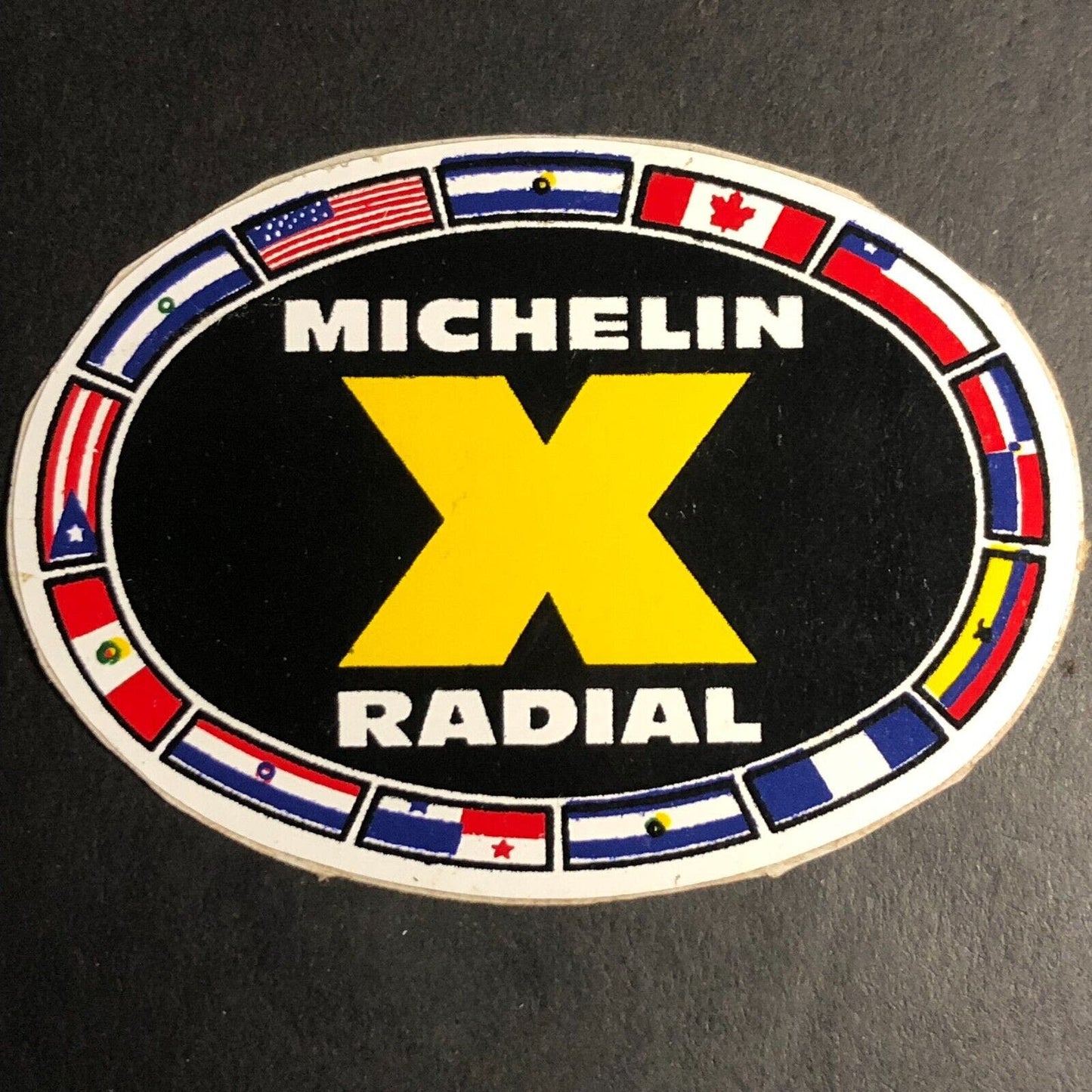 Michelin X Radial Tires Auto Sticker 2 1/4" c1970 w/ Many Country Flags