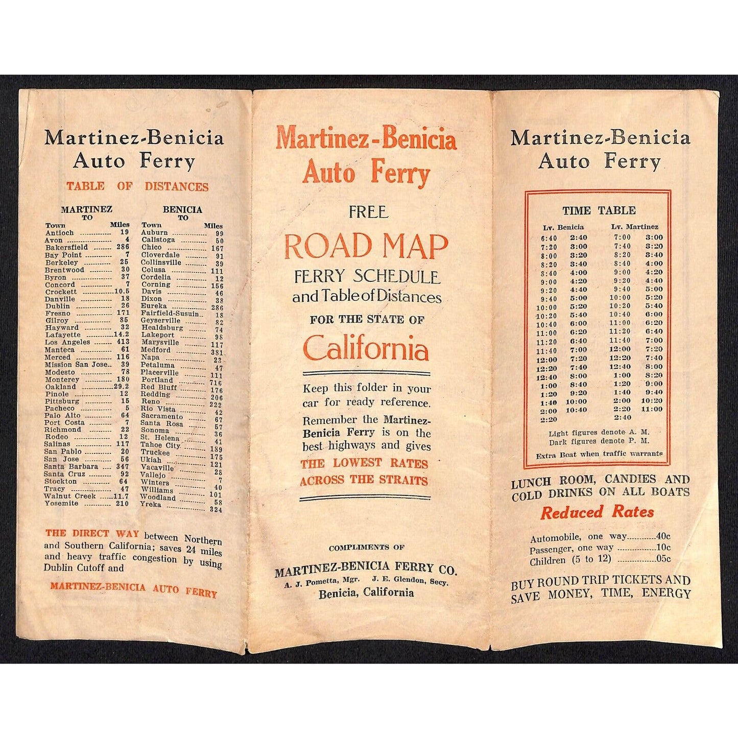 Martinez-Benicia Auto Ferry California Road Map Time Table c1920's-30's Scarce