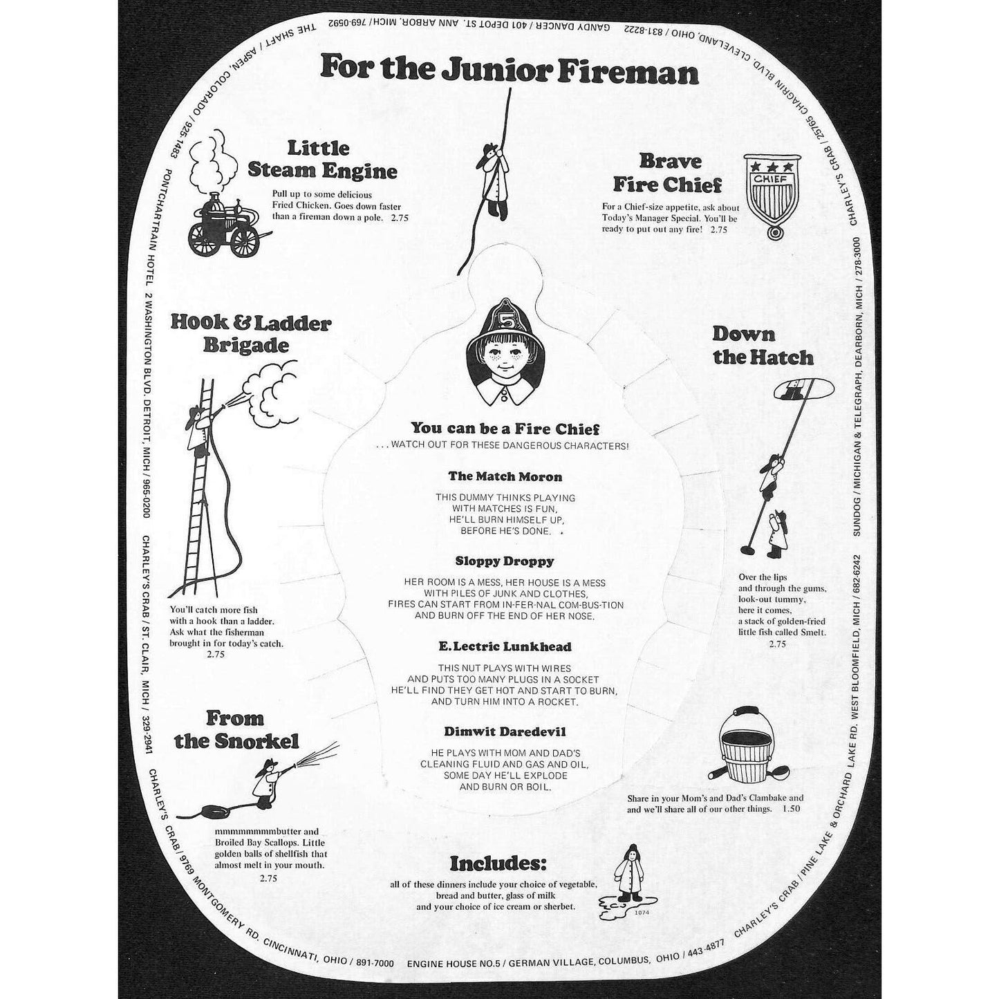 Scarce Engine House No. 5 Restaurant Children's Menu / Fire Hat c1974 Columbus