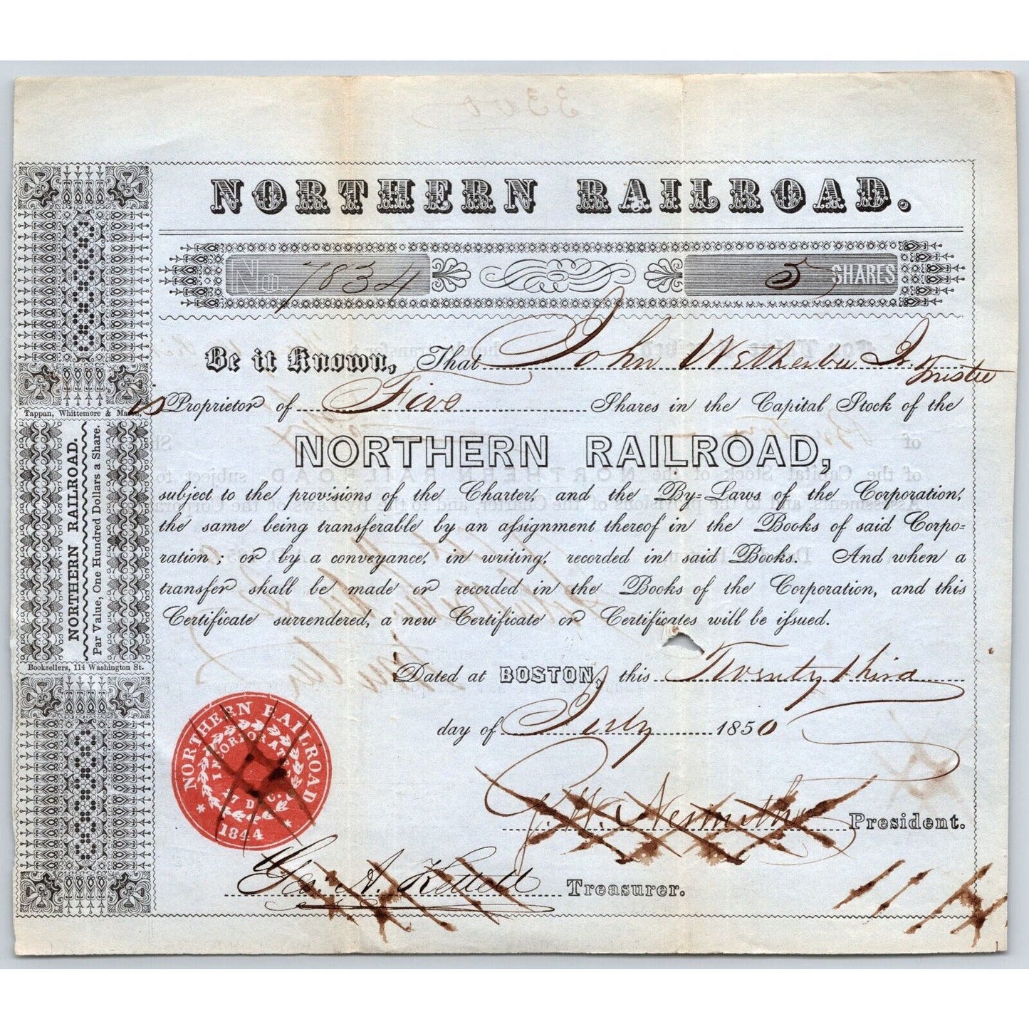 1850 Boston, MA Northern Railroad Stock Certificate No. 7834 for 5 Shares
