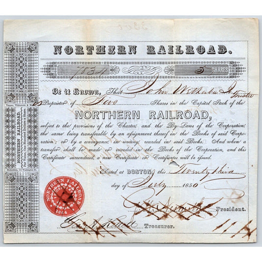 1850 Boston, MA Northern Railroad Stock Certificate No. 7834 for 5 Shares