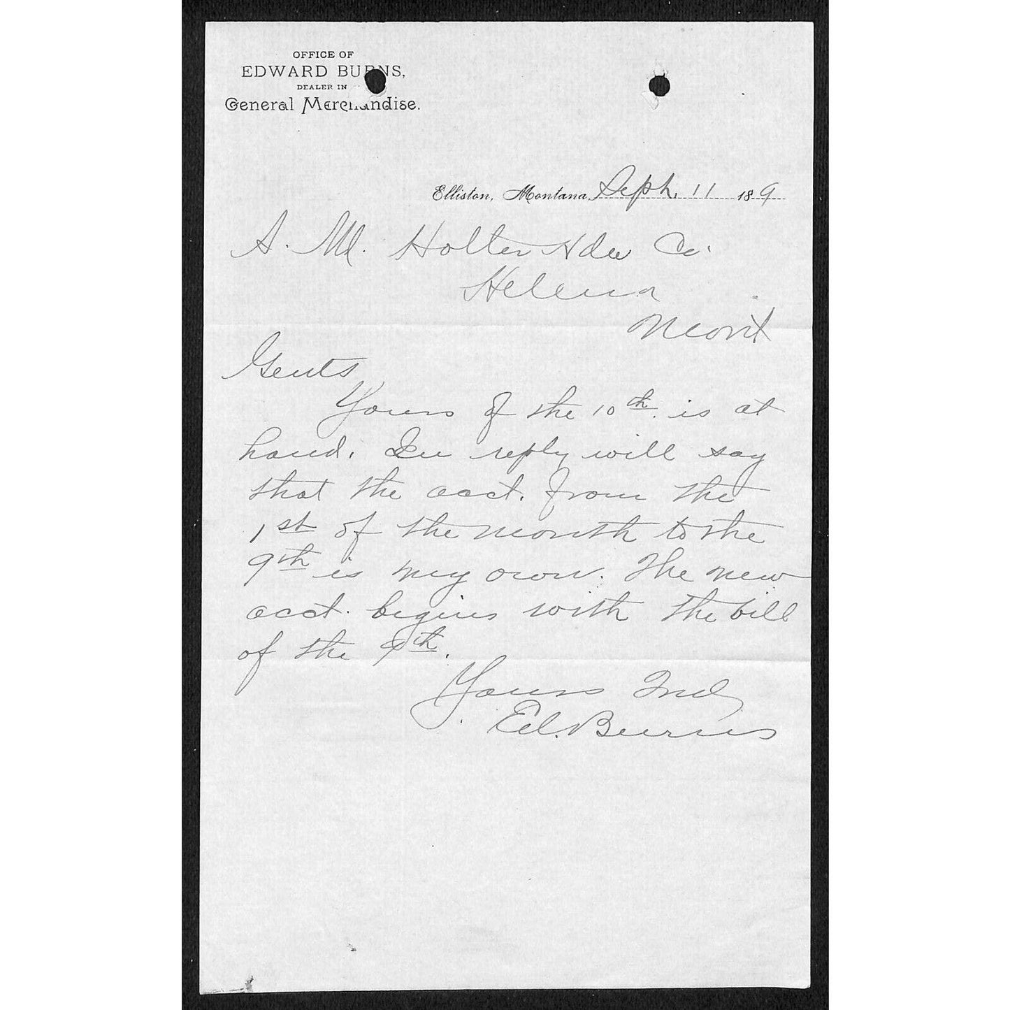 Elliston, MT Edward Burns General Merchandise Sept. 11 c1890's Billhead VGC