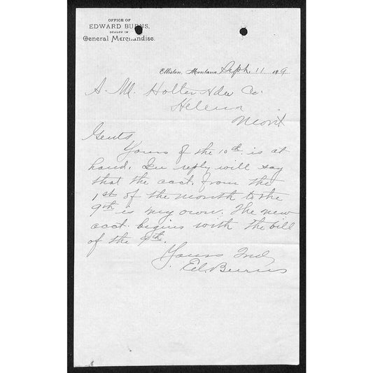 Elliston, MT Edward Burns General Merchandise Sept. 11 c1890's Billhead VGC