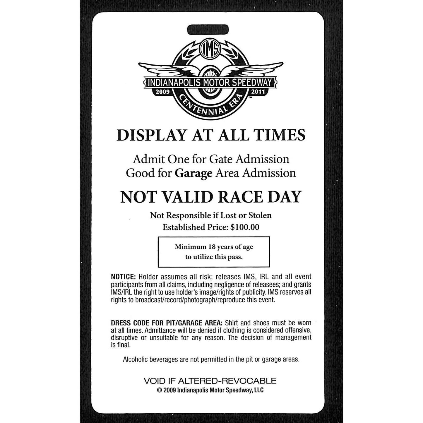 2009 Indy 500 Garage Access Ticket Pass Indianapolis IMS #3565 VGC