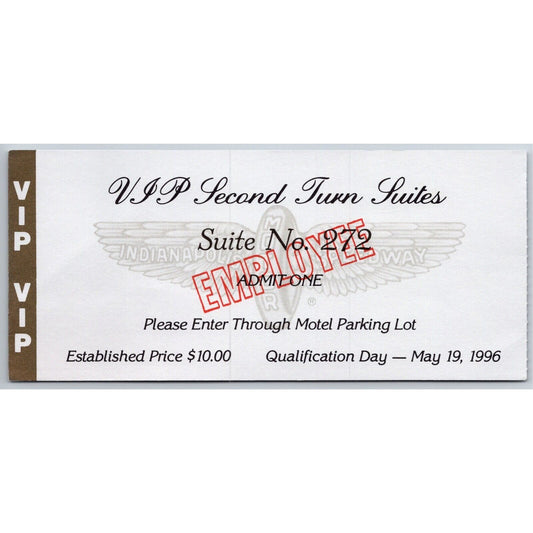 1996 Indy 500 Qualification VIP 2nd Suites Employee Ticket Stub - Indianapolis