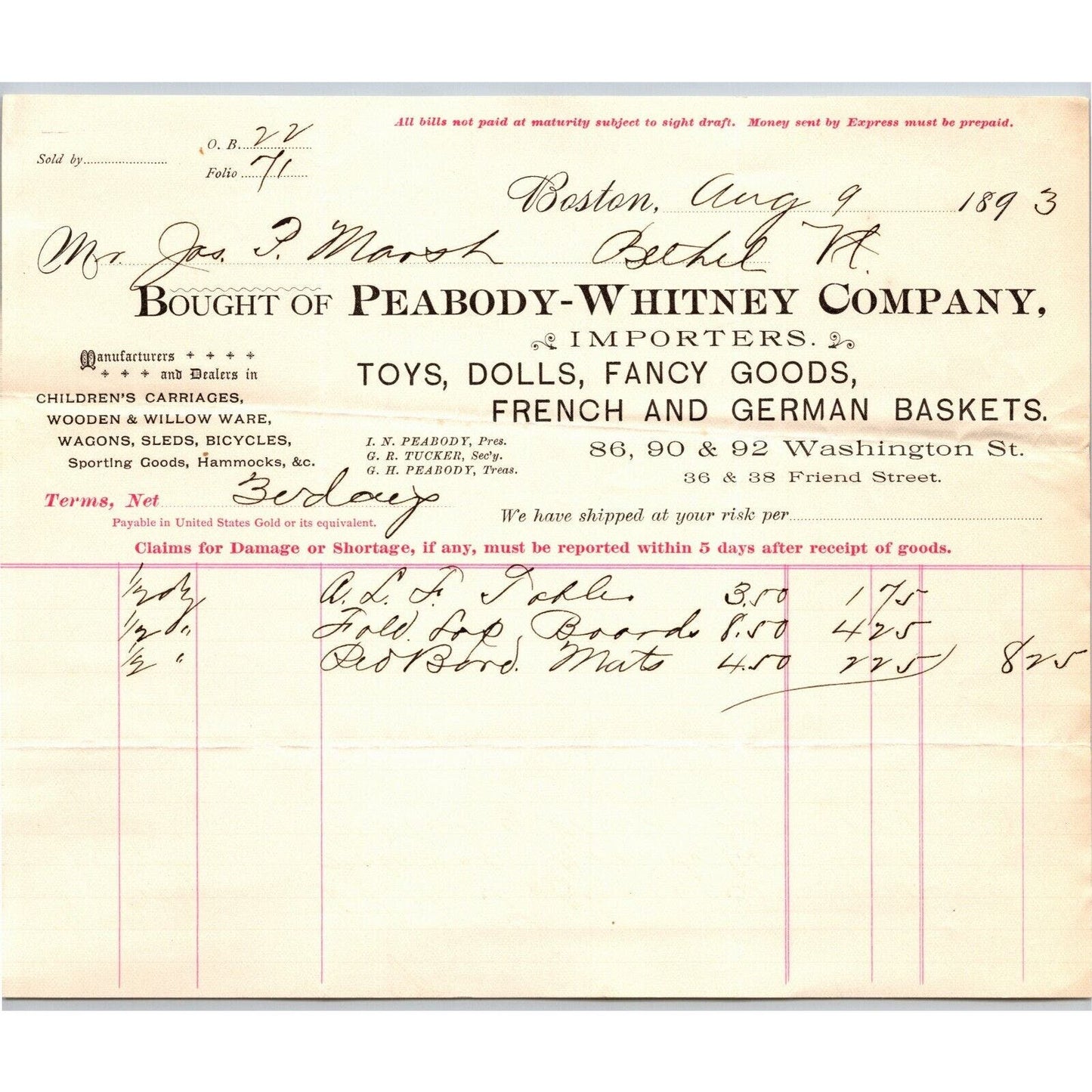 Boston, MA Peabody & Whitney Fancy Goods 1893 Billhead JP Marsh Bethel, VT