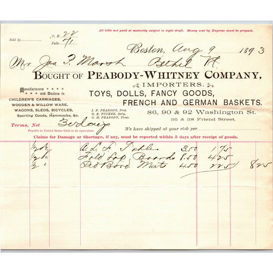 Boston, MA Peabody & Whitney Fancy Goods 1893 Billhead JP Marsh Bethel, VT