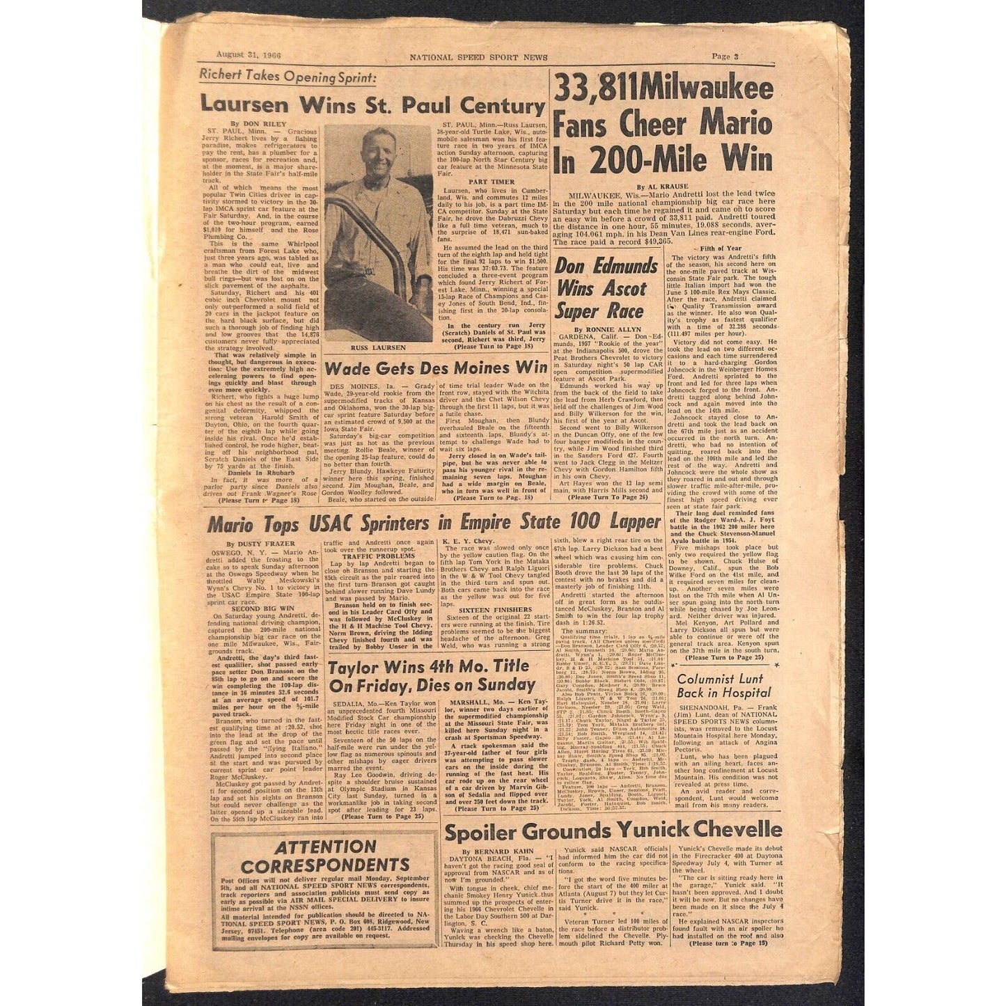 National Speed Sport News 8/31 1966 Andretti Tops USAC Sprinters Racing 27pp VGC