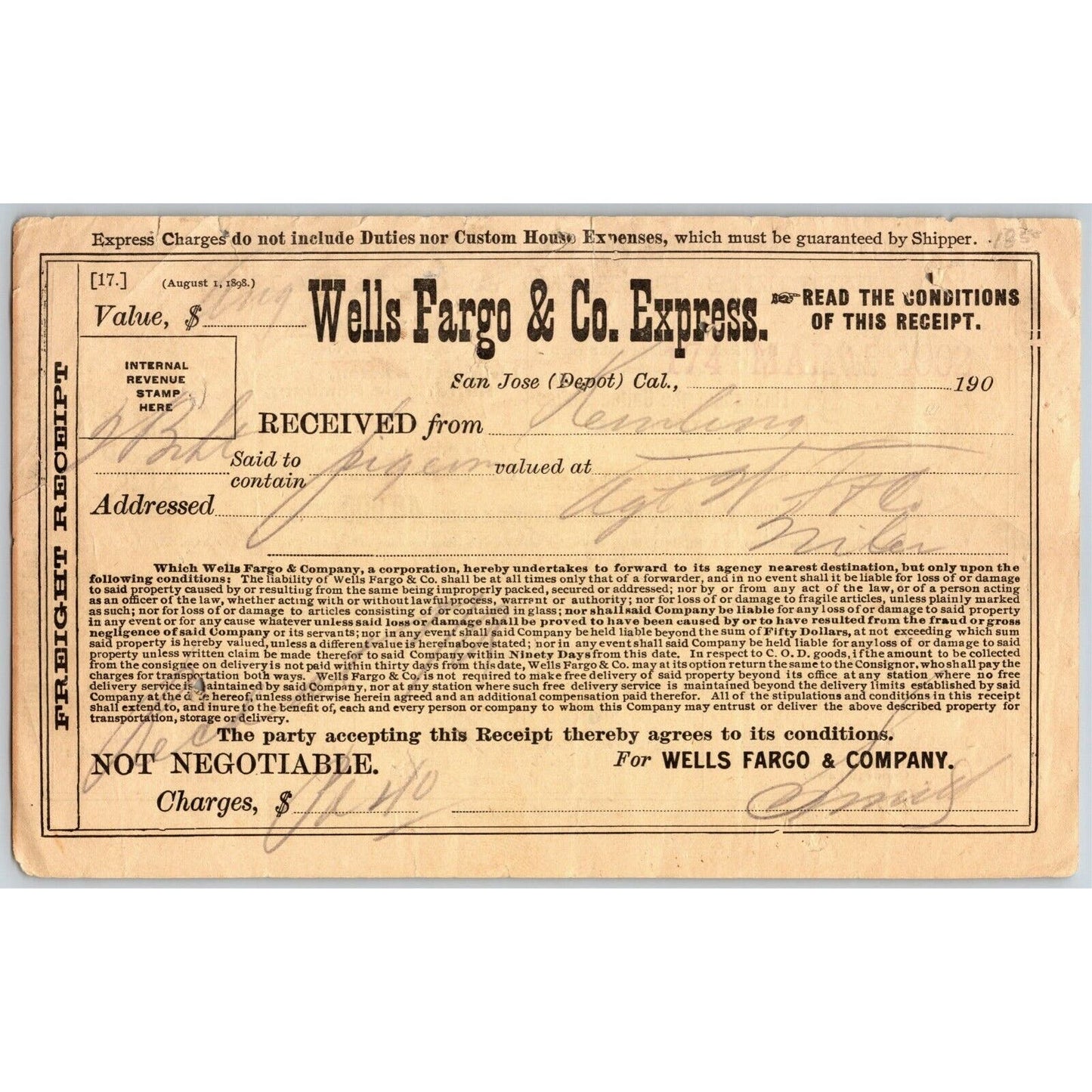 1902 Wells Fargo & Company Express San Jose, CA Freight Receipt