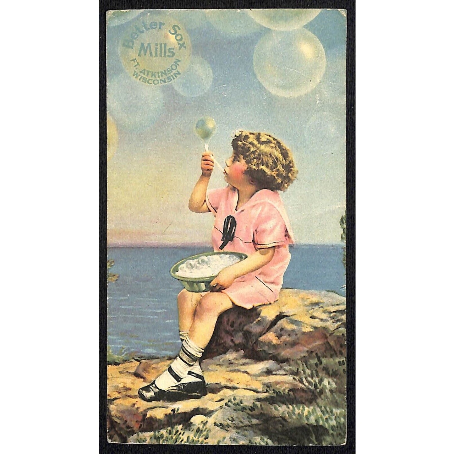 Better Sox Mills Ft. Atkinson, WI Ink Blotter c1910's-20's Girl Blows Bubbles