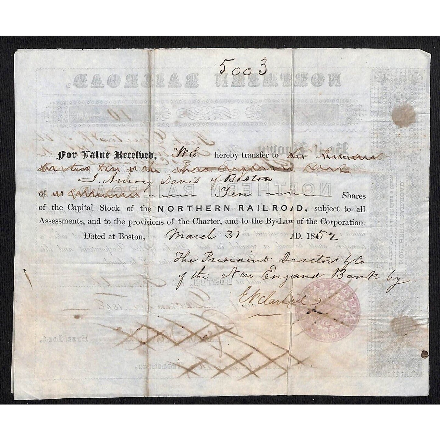 1848 & 1849 Northern R.R. Stock Certificates "New England Bank, as Collateral"