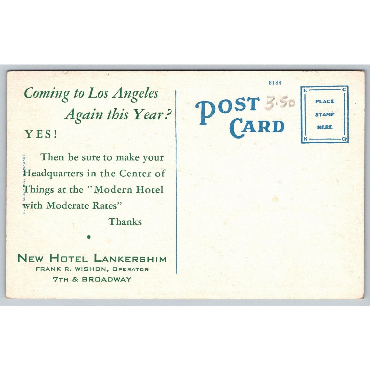 New Hotel Lankershim, Los Angeles Postcard NP c1915-20