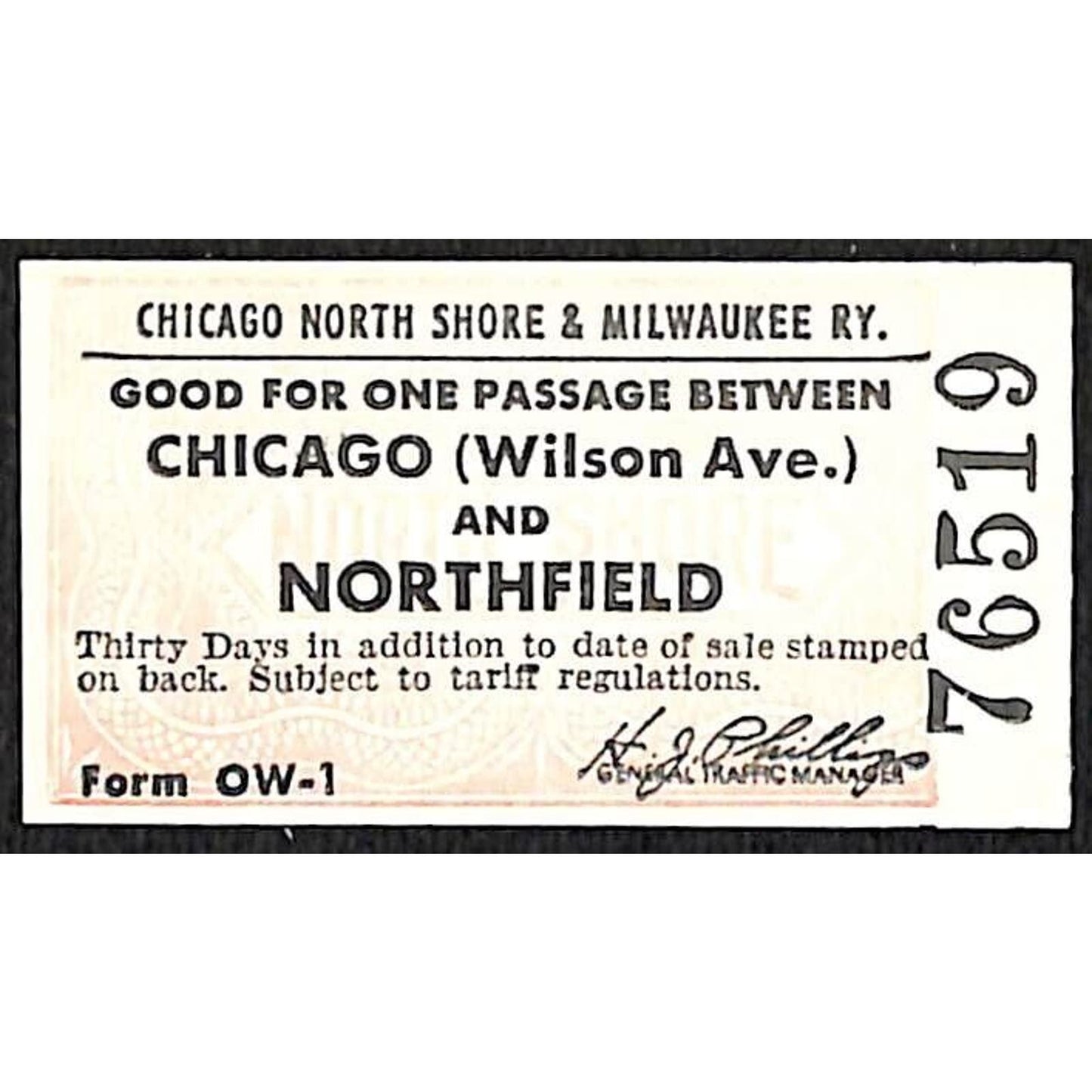 Chicago North Shore & Milwaukee RY Ticket c1947-50's Northfield #76519