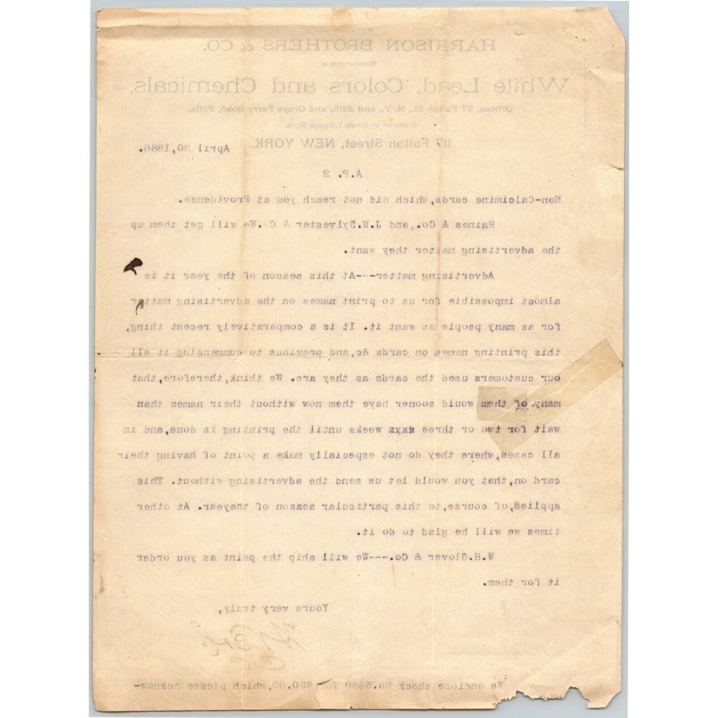 1886 Harrison Brothers & Co. White Lead Billhead Letterhead Fulton St NYC