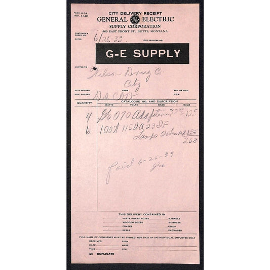 GE General Electric Butte Montana 1933 Billhead Letterhead - Wilson Drug