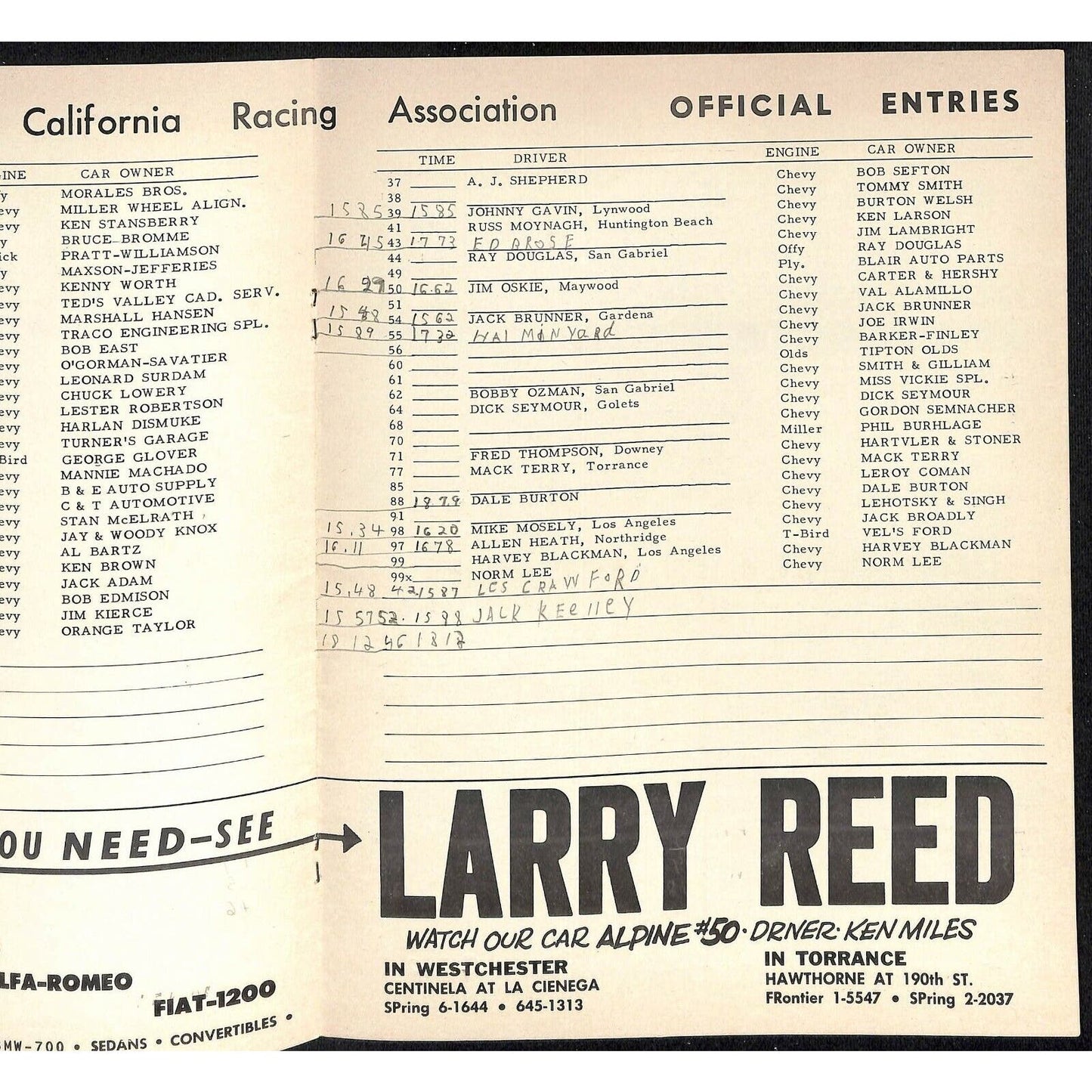 Scarce Mar 15 1964 CRA Big Car Racing Program Western Speedway Gardena 12pp.