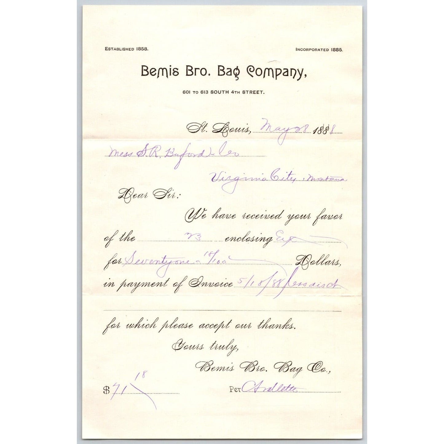 St. Louis Bemis Bro. Bag Company 1888 Billhead Receipt to Buford