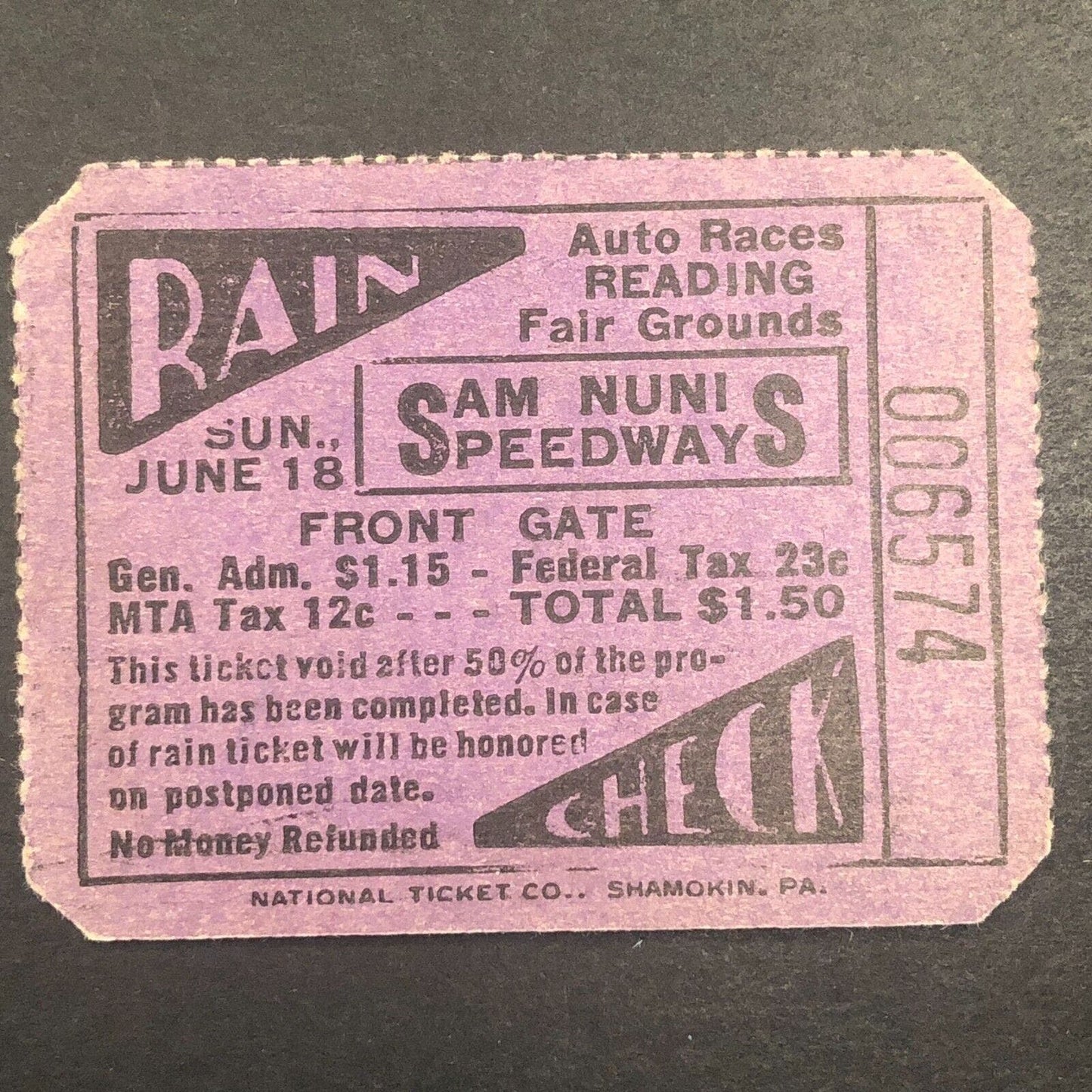Sam Nunis Speedway Reading 1950 Auto Racing Rain Check Ticket Bill Schindler
