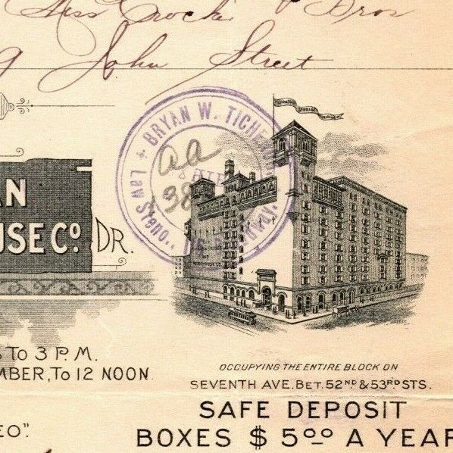 1903 Manhattan Storage Warehouse Co Crocker Bros Letterhead 52nd St 7th Ave NYC