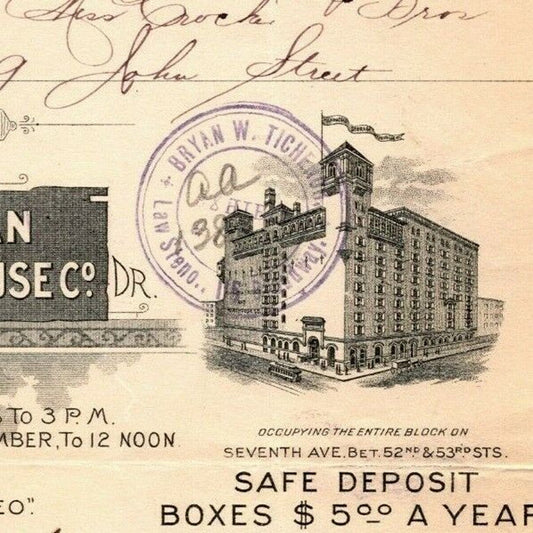 1903 Manhattan Storage Warehouse Co Crocker Bros Letterhead 52nd St 7th Ave NYC