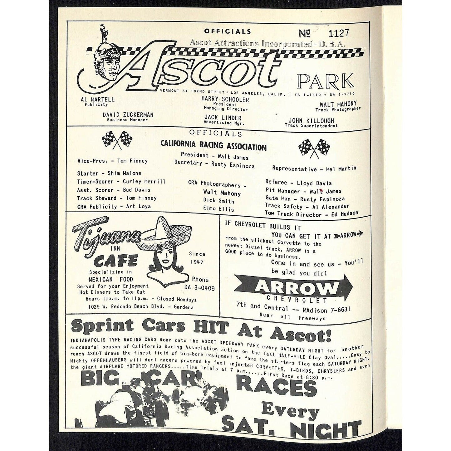 Scarce Apr 21 1962 CRA Championship Auto Racing Program Ascot Park Gardena 12pp.