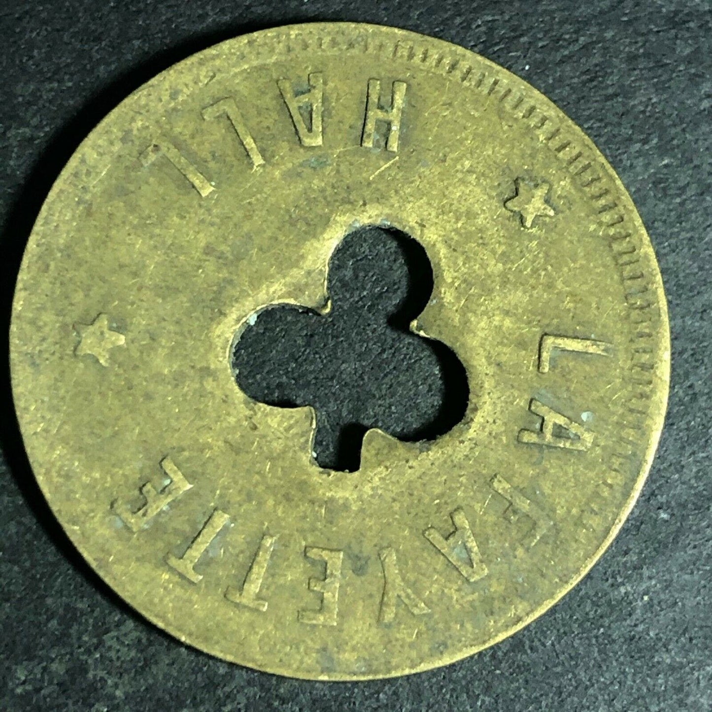 24.5mm Brass Lafayette Hall (Saloon Sacramento, CA) Token Clover Shamrock (#55)