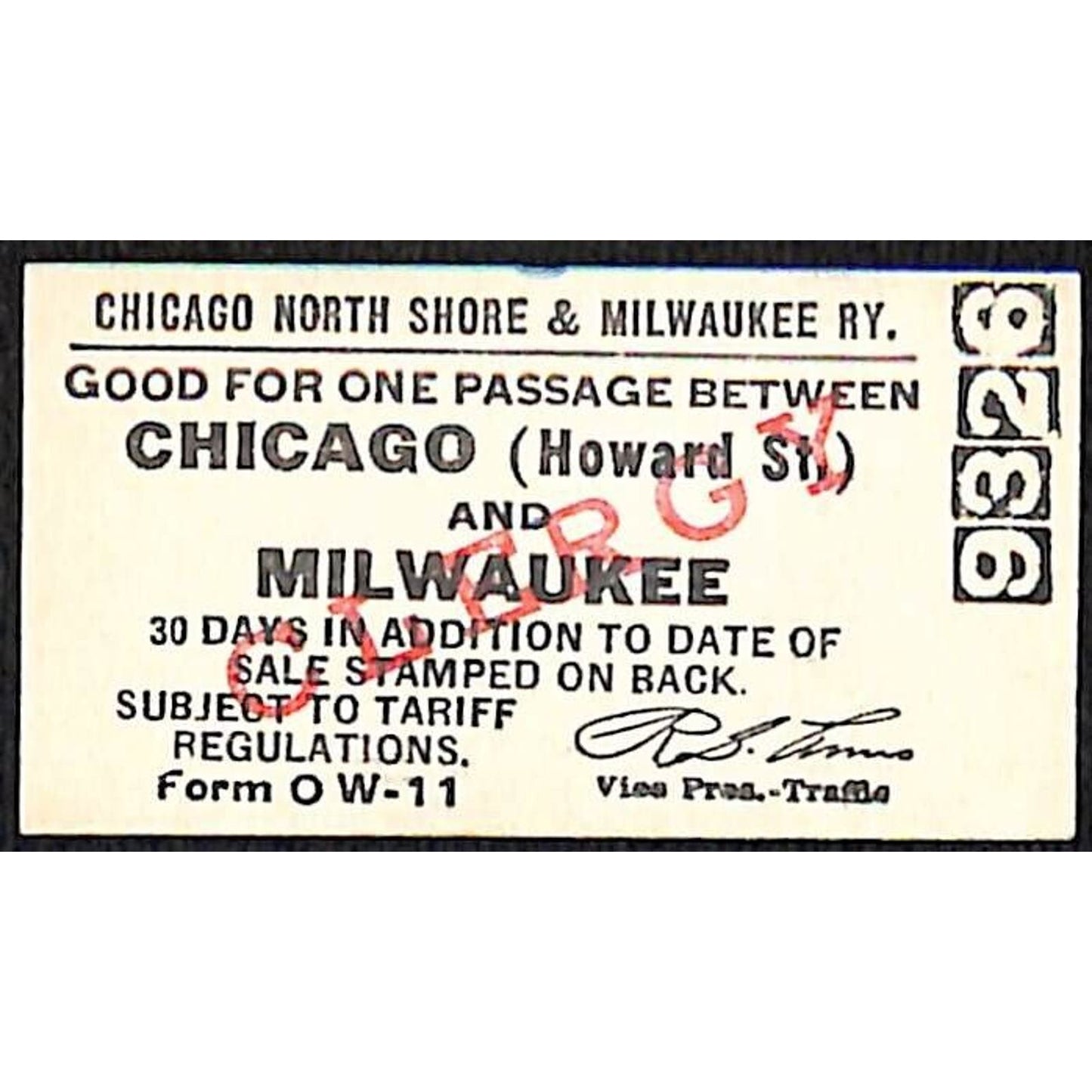 Chicago North Shore & Milwaukee RY "Clergy" Ticket Milwaukee #9326