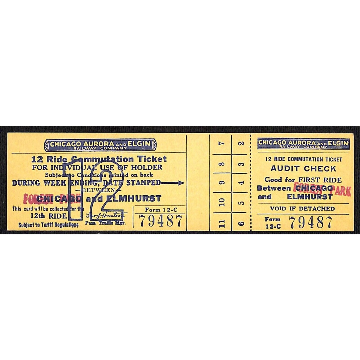 Chicago Aurora and Elgin Railway (1902-57) 12 Ride Ticket Forest Park Elmhurst