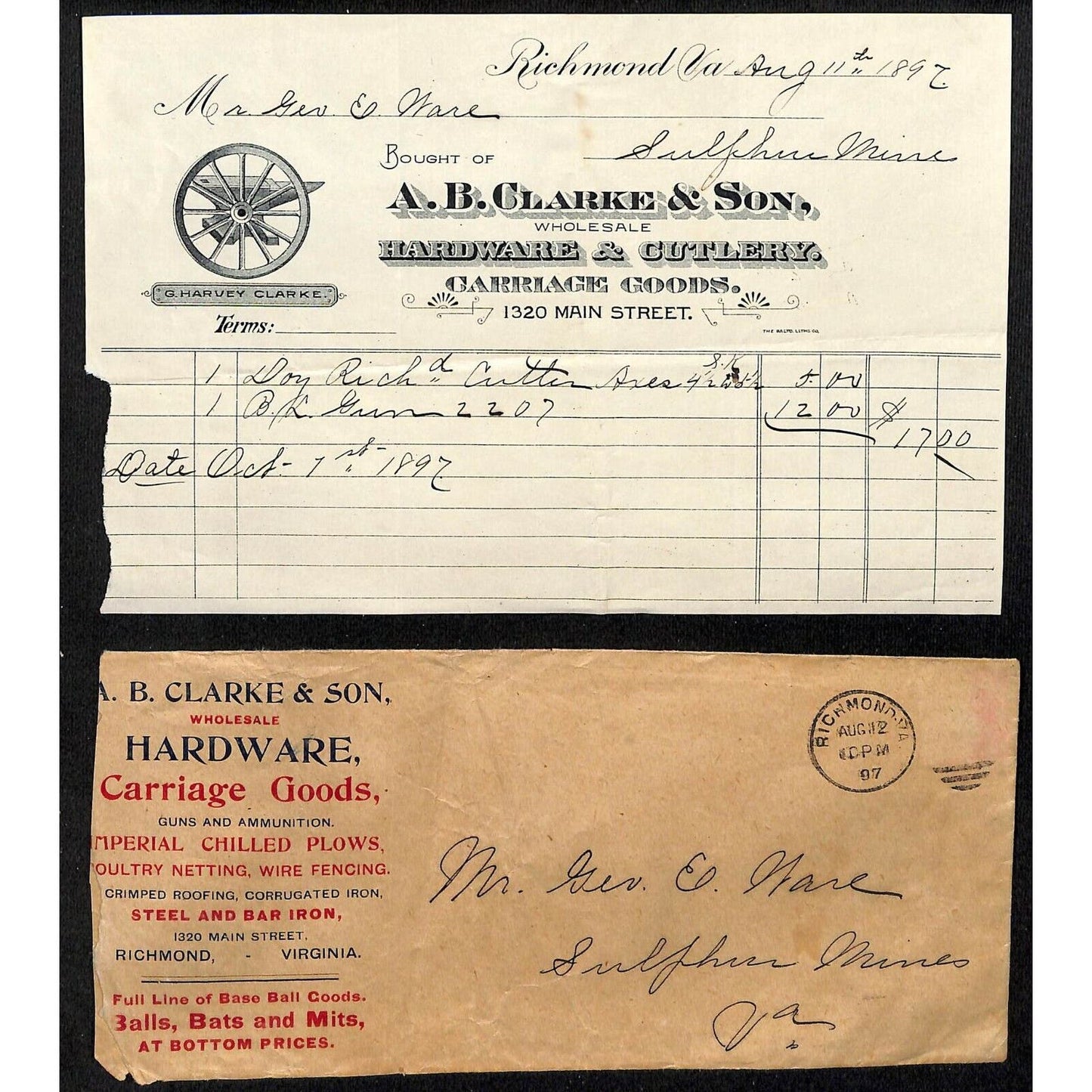 A.B Clarke Letterhead & Cover Hardware Cutlery Richmond, VA to Geo. E. Wear 1897