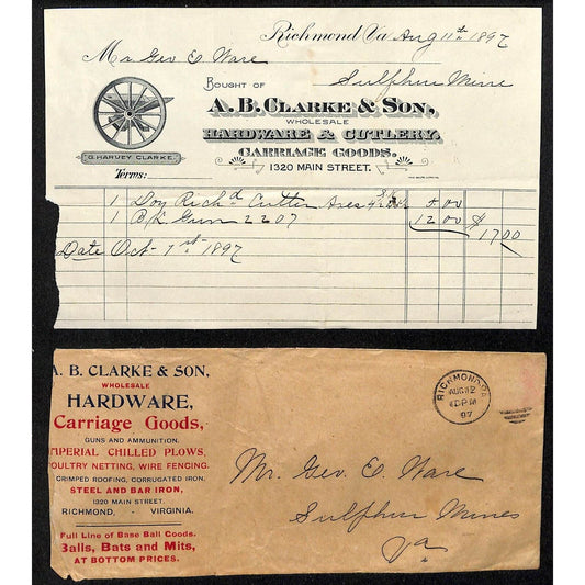 A.B Clarke Letterhead & Cover Hardware Cutlery Richmond, VA to Geo. E. Wear 1897
