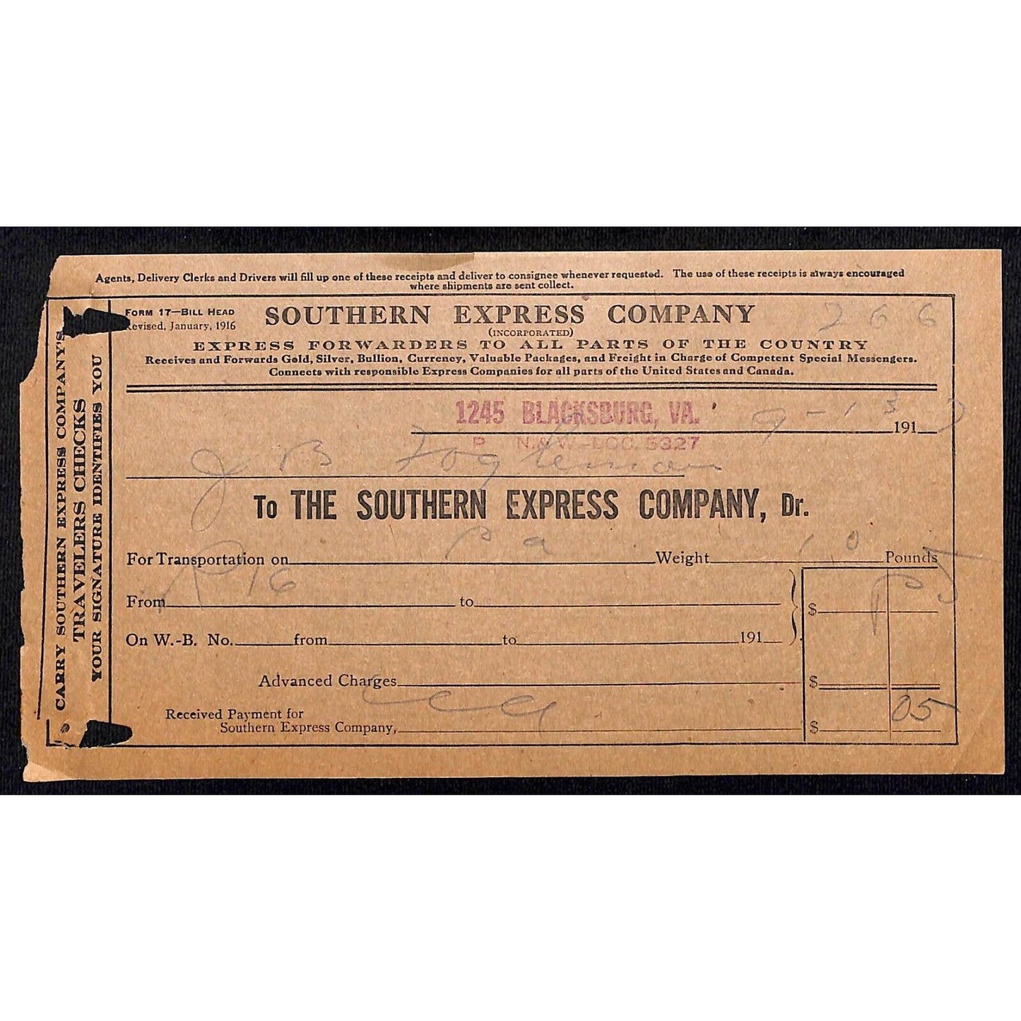 Southern Express Co. 1917 Blacksburg, VA Railroad 5¢ "Uniform Express Receipt"