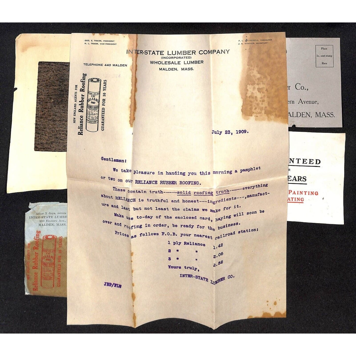 Newburgh, ME Amos W. Knowlton* 1909 Reliance Rubber Roofing Letterhead w/ Sample