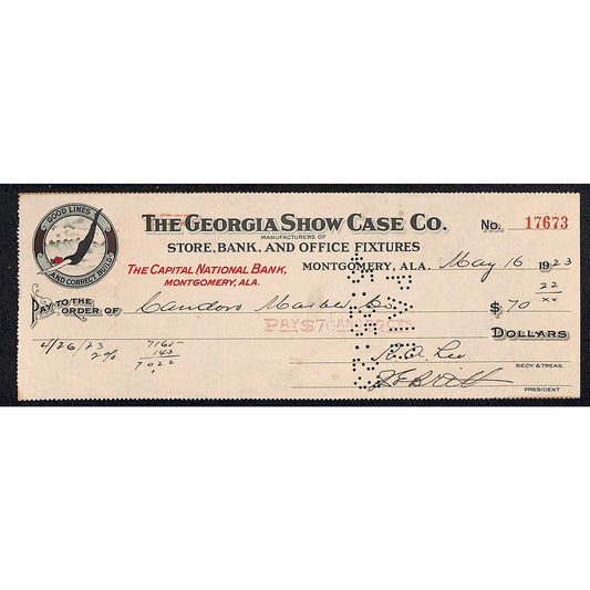 Montgomery, ALA. "The Georgia Show Case Co." Bank Store Fixtures 1923 Bank Check