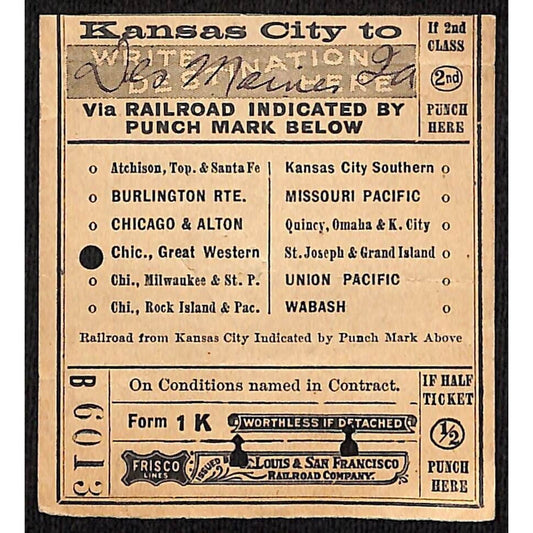 1911 St. Louis & San Francisco Railroad Ticket Kansas City Des Moines #6013