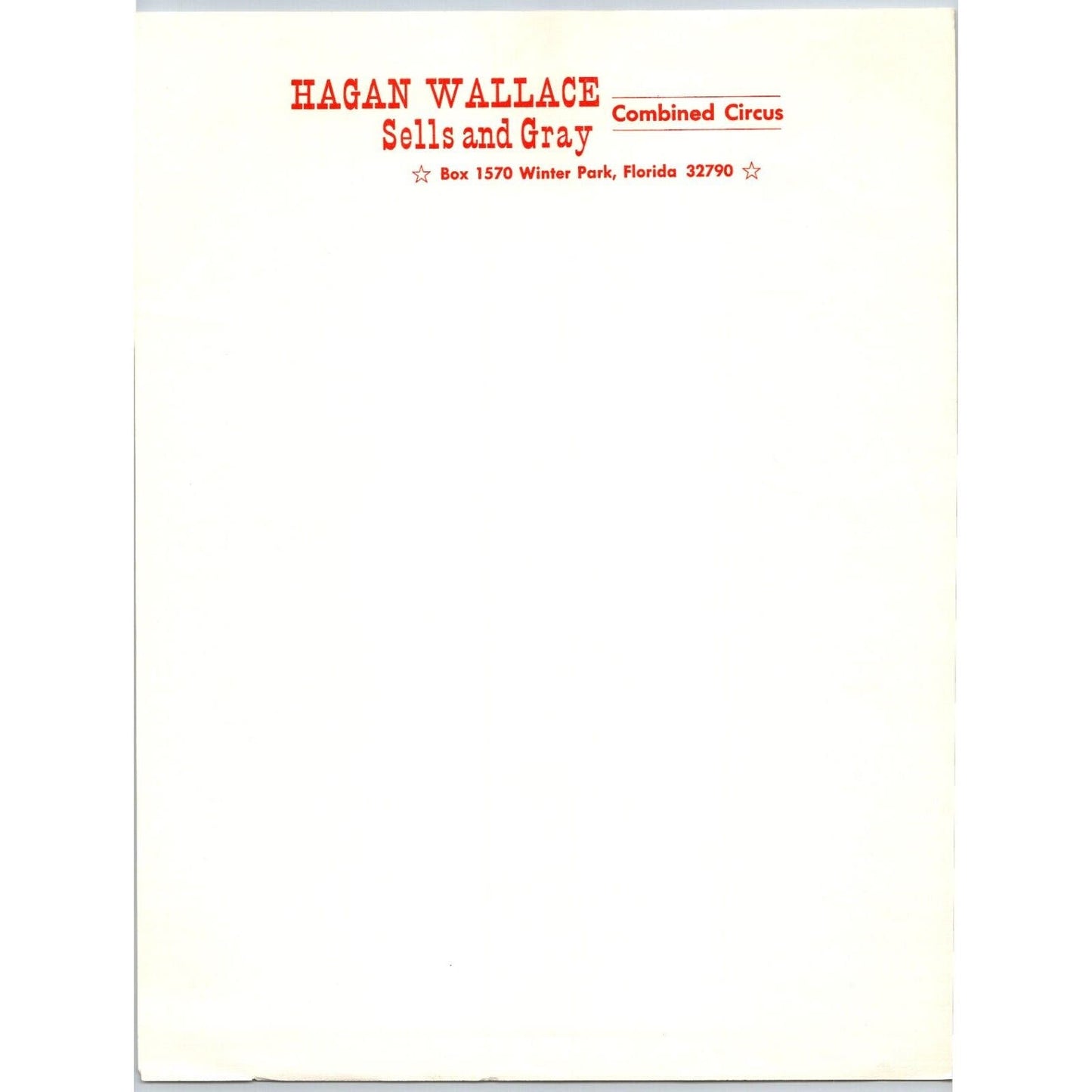 Hagan Wallace Sells and Gray Circus Letterhead c1977 Winter Park Scarce