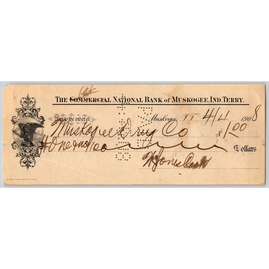 Muskogee, OK 1908 Indian Territory* Commercial National Bank Check - Scarce