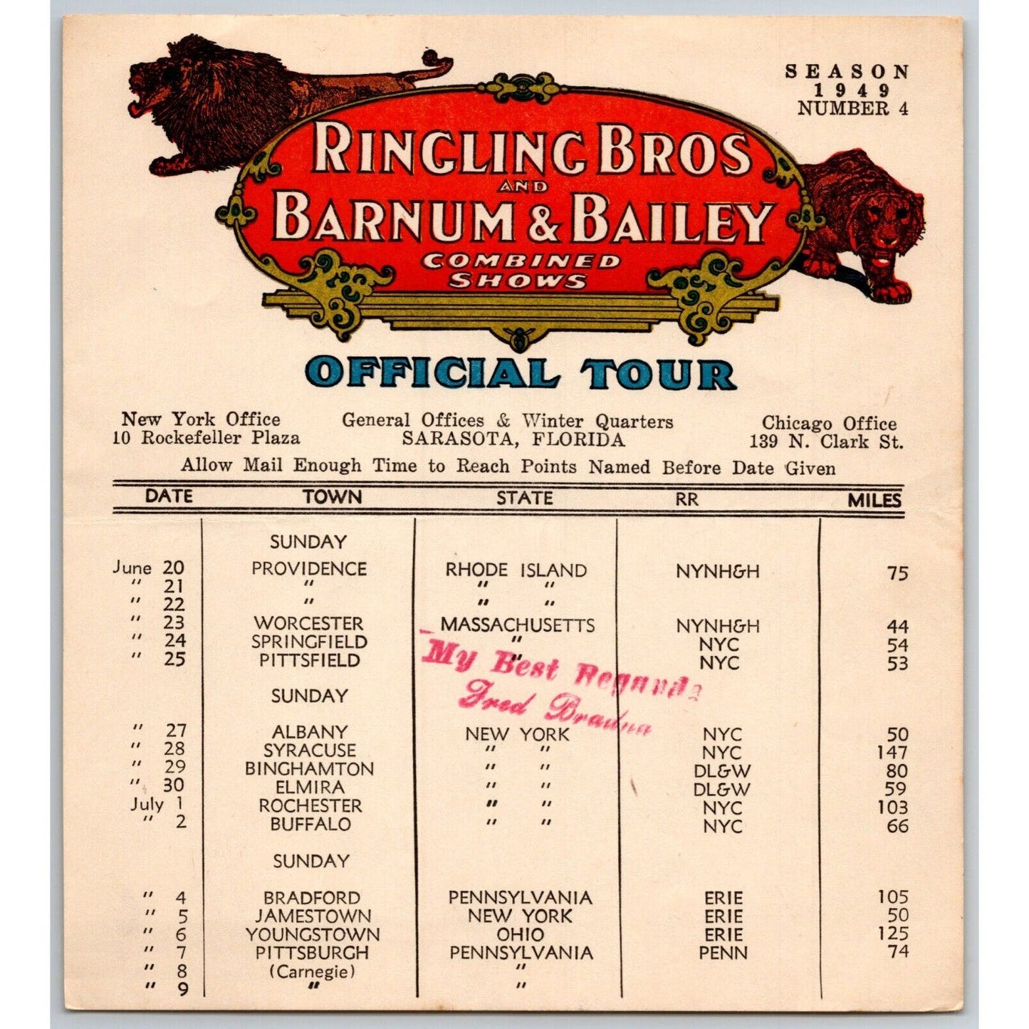 1949 Ringling Bros Barnum Bailey Circus Route Card Providence Worcester