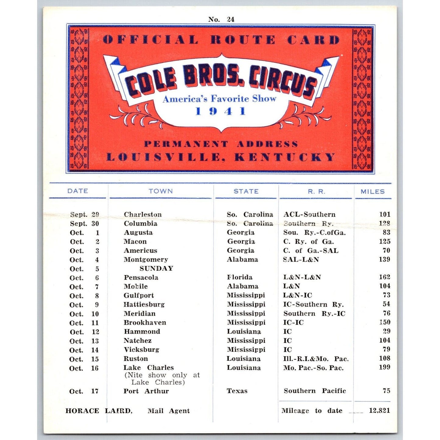 1941 Cole Bros Circus Route Card Georgia Alabama Mississippi Louisiana