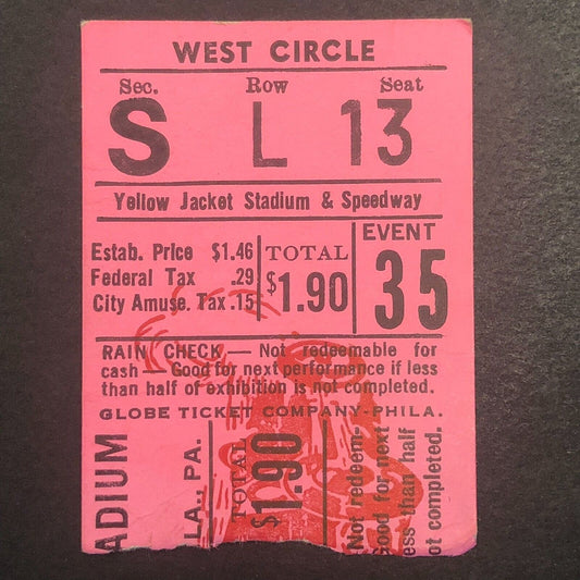 Auto Racing Ticket Stub 1946 Yellow Jacket Stadium Philadelphia Larry Bloomer