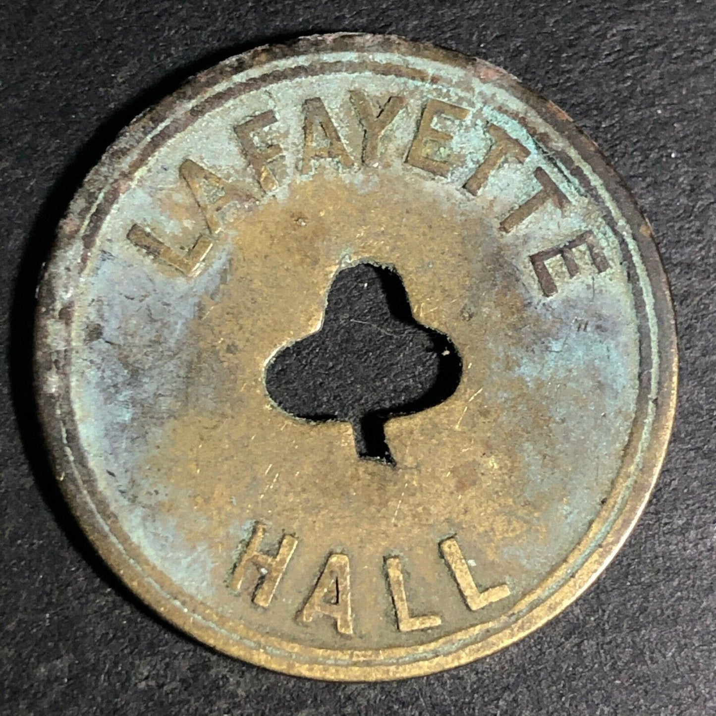 24.5mm Brass Lafayette Hall (Saloon Sacramento, CA) Token Clover Shamrock (#52)